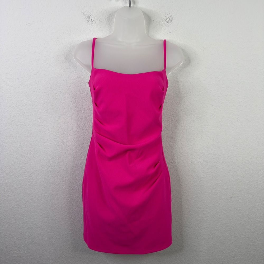 Nookie Tease Mini Dress Womens M Pink Ruched Bodycon Clubwear Designer Glam‎